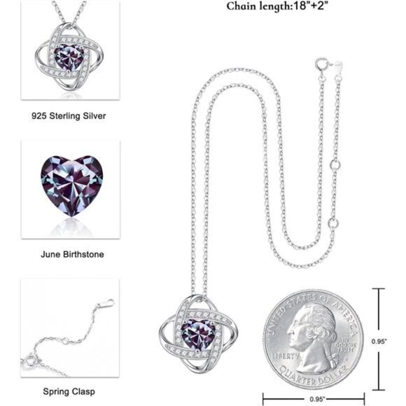 Iefil 925 Sterling Silver Love Knot Birthstone Necklace, Natural or Created - Picture 3 of 7